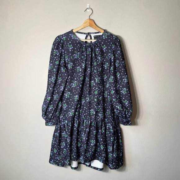 ASOS Women's Sz 10 Tall Balloon Sleeve Floral Print Ruffle Shift Mini Dress Navy - Picture 2 of 16